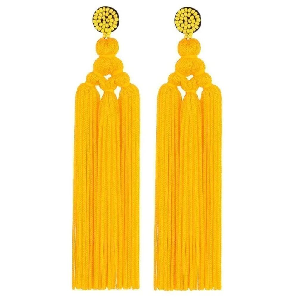 Long Yellow Hand Woven Tassel Knot Fringe Boho Dangling Drop Post Back Earrings